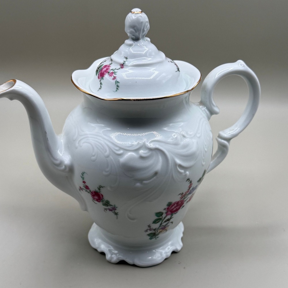 Wawel Poland Porcelain Teapot Pink Roses Gold Trim Embossed White Floral Vintage - Picture 2 of 7